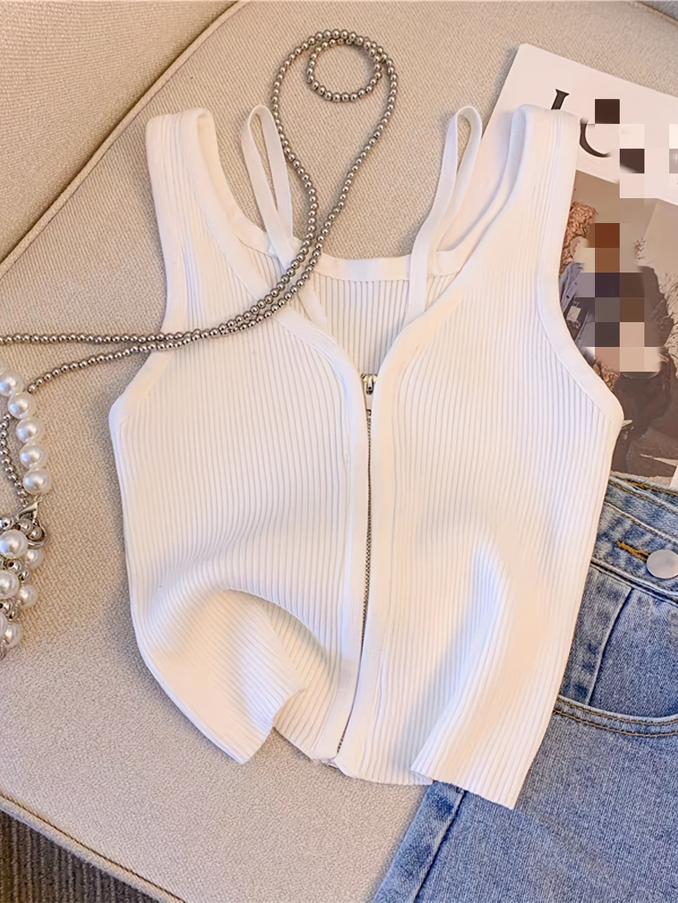 Summer Clothing Staples - New Elegant White Ribbed Knit Zip