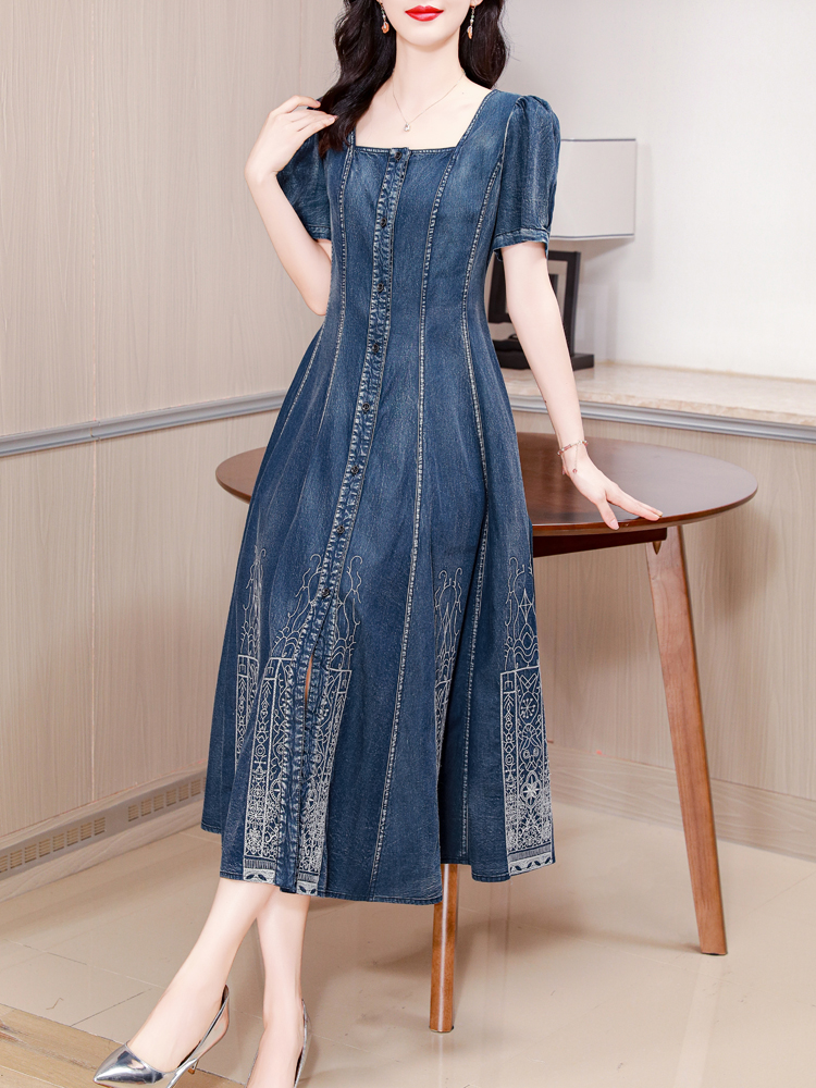 Summer Clothing Women Sale - TIYIHAILEY-Long Mid-Calf Short Sleeve Denim Dress,